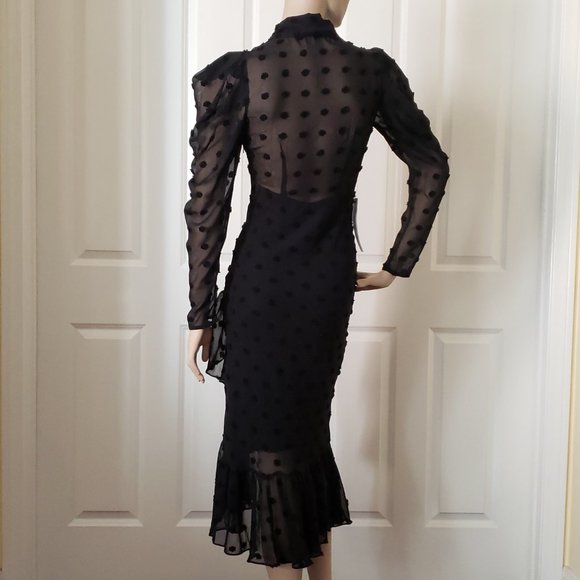 Topshop Textured Spot Midi Chiffon Dress Size 0 Black - Picture 5 of 11